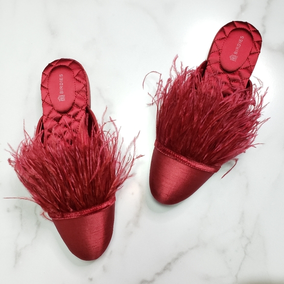 Birdies Shoes - Birdies The Lovebird Feather Trim Mules Red 7